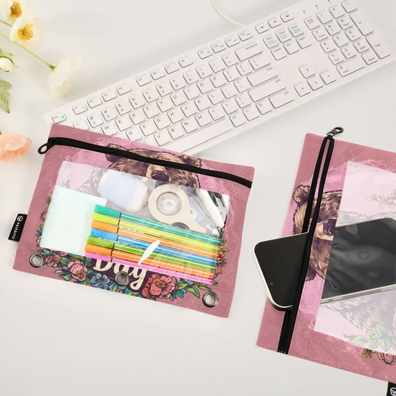 Mother's Day Brown Bear 2 Pack Pencil Pouches Zipper Pencil Case 3 Ring Pencil Pouch Cosmetic Bag