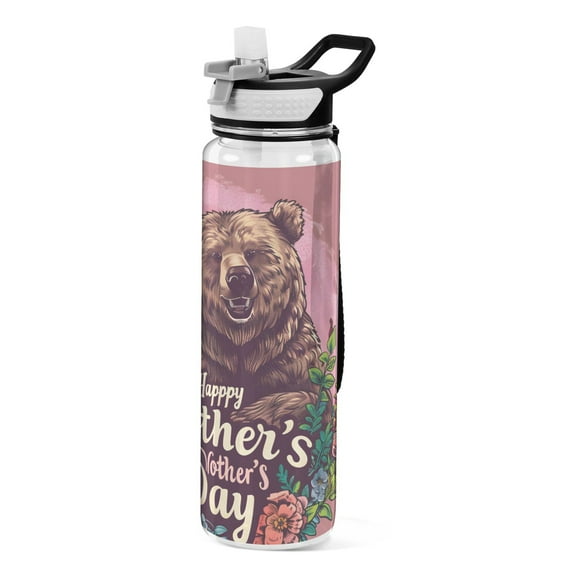 Mother's Day Brown Bear Sports Water Bottle Portable Travel Mug 32oz BPA Free Leak Proof Straw Transparent Tritan for Gym Yoga Cycling Camping