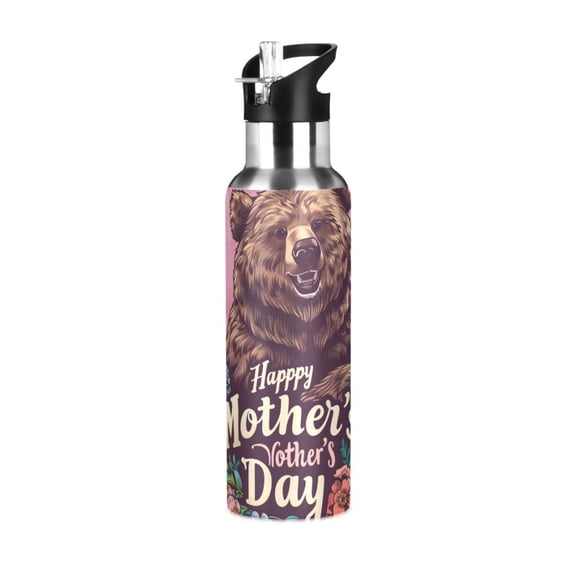Mother's Day Brown Bear Sports Water Bottle with Straw Lid Insulated Stainless Steel Leak Proof BPA Free Thermal Mug with Handle for Gym Yoga Cycling Camping