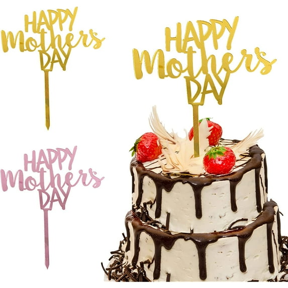 Mother's Day Cake Topper, 10pcs Acrylic Happy Mother's Day Cupcake Topper for Birthday Mother's Day Cake Party Decoration Supplies (Gold & Pink -1)