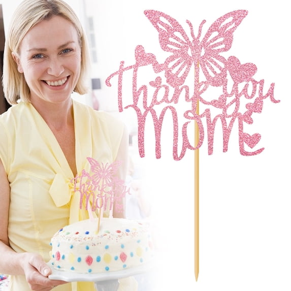 Mother's Day Cake Toppers, Pink Glitter Butterfly & Heart 4 Styles Mom Cake Decor for Mother's Day Birthday Party, 5.90"×5.00" 1PC