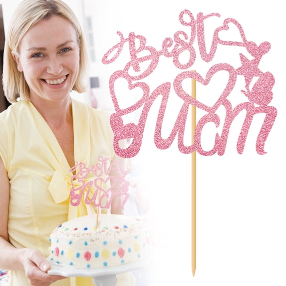 Mother's Day Cake Toppers, Pink Glitter Butterfly & Heart 4 Styles Mom Cake Decor for Mother's Day Birthday Party, 5.90"×5.00" 1PC
