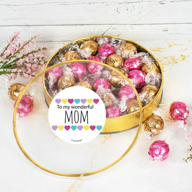 Mother's Day Candy Gift Tin Large Plastic Tin with Chocolate Truffles - Colorful Hearts