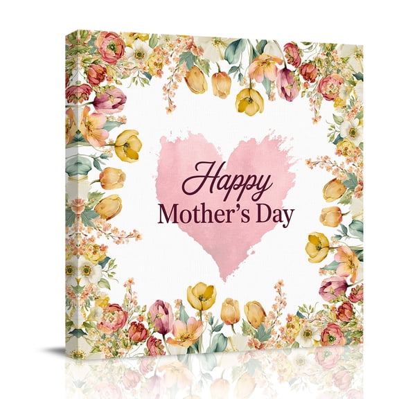 Mother's Day Canvas Wall Art for Living Room, Yellow Tulip Floral Rustic Pink Love Heart Poster Print Painting for Bedroom Office Home Decoration Wall Pictures Prepare To Hang 8"x8"