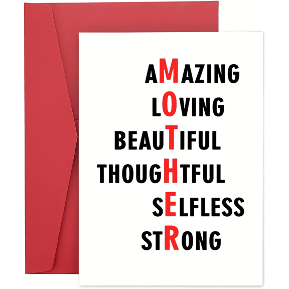Mother's Day Card "Amazing Loving Beautiful Thoughtful Selfless Strong" Typography Design Envelope Included, Blank Inside Perfect Gift for Mom on Mother's Day