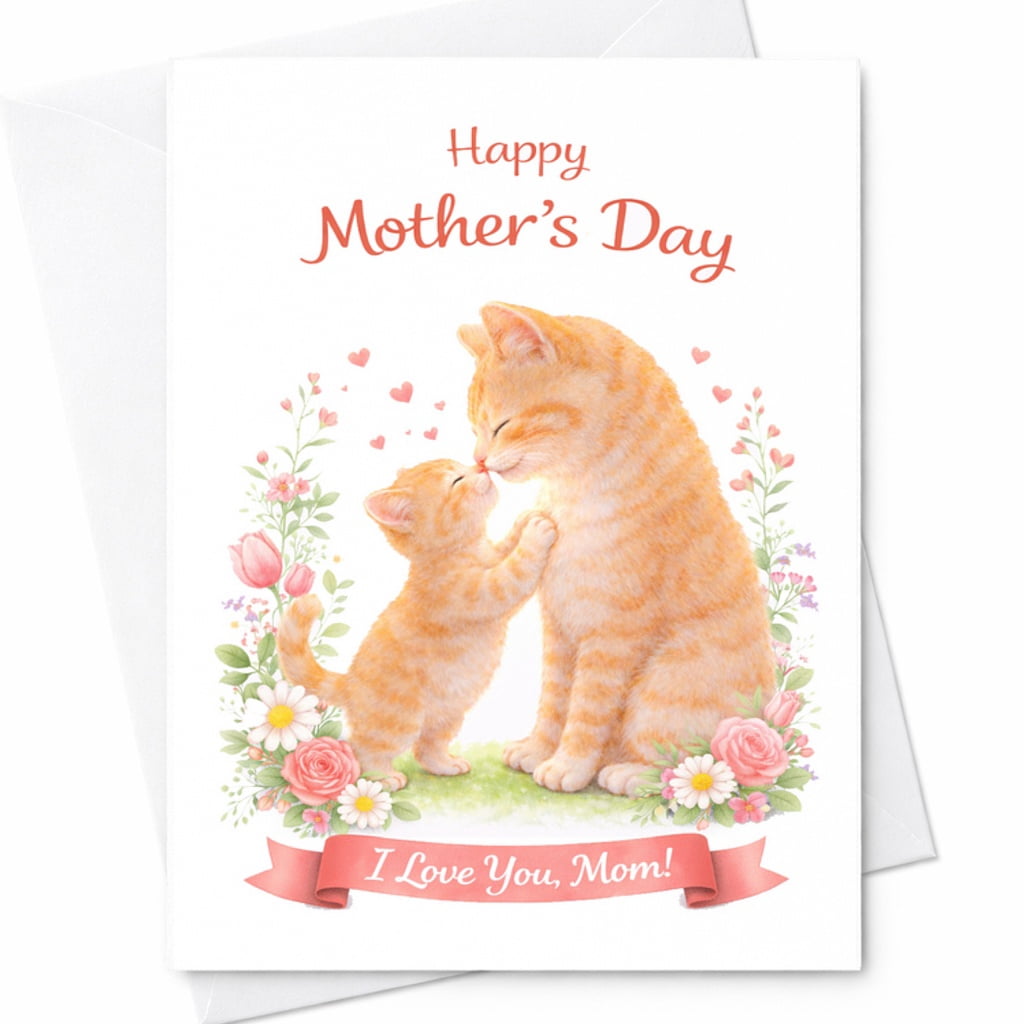 Mother's Day Card, Cute Cat With Flowers, 'Mom I Love You' - Walmart.com