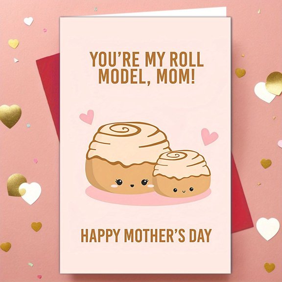 Mother's Day Card for Mom "You're My Roll Model" Cute Cinnamon Roll Design Envelope Included, Blank Inside Perfect Gift for Mom on Mother's Day