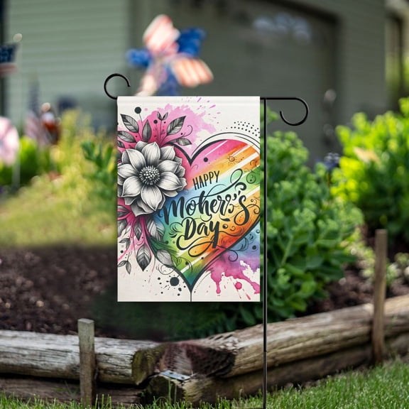 Mother's Day Colorful Heart Flower Garden Flag Double Sided Outdoor Banners for Courtyard Outdoor Lawn Farmhouse Holiday Decorations