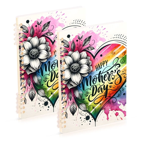 Mother's Day Colorful Heart Flower Ring Binder Notebook Journey Note Diary College Ruled Spiral Notebook Study Loose Leaf Paper A5 60 Pages