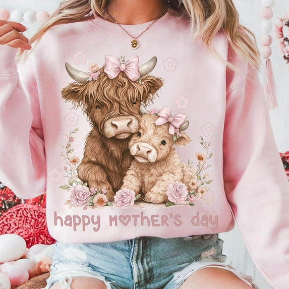 Mother's Day Cow Sweatshirt, Floral Mom Crewneck, Cute Highland Cow Pullover, Aesthetic Mom Top, Happy Mother's Day Sweatshirt
