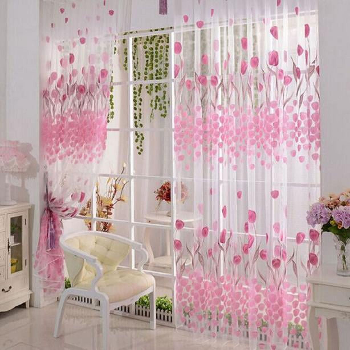 Mother's Day Curtains Tulle Curtain Sheer Drape Scarf Door Floral 1pc Window Panel Home Decor Decorations For Blackout Bedroom Drapes Pink