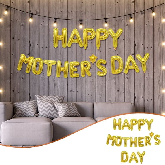 Mother's Day Decorations Rose Gold White Balloon Letters Happy Mothers Day Message String Light Backdrop for Holiday Party Celebration