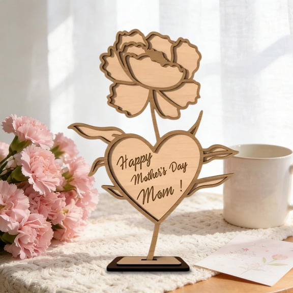 Mother's Day Decorations Wooden Flower Heart Base Engraved Happy Mother's Day Mom Message Simple Festive Design Tabletop Display Decoration