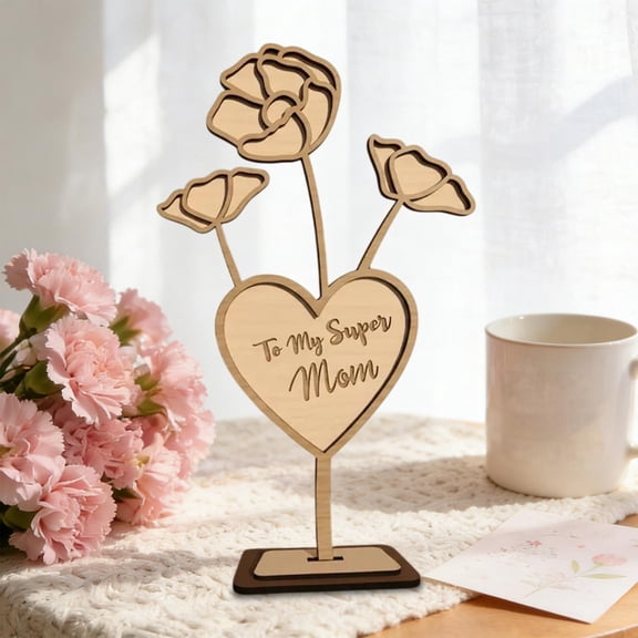Mother's Day Decorations Wooden Flower Heart Base Engraved Happy Mother's Day Mom Message Simple Festive Design Tabletop Display Decoration