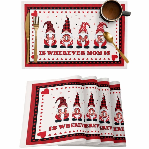 Mother's Day Dwarf Quotes Placemats Set of 4,Wipeable Washable Table Mats for Dining Tables,Love Polka Dot Plaid Place Mats for Kitchen Event Party Tabletop Decor