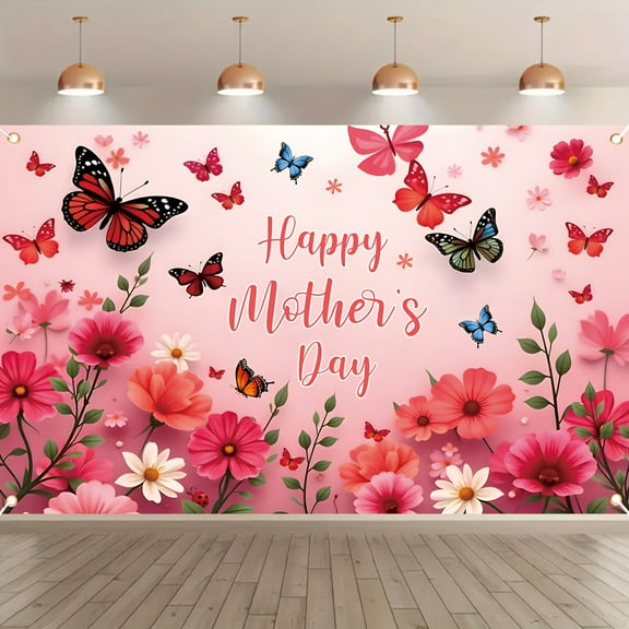 Mother's Day Floral Banner - Polyester, "Happy Mother's Day" with Flowers & Butterflies Design, Ideal for Indoor/Outdoor Wall Home Decoration, Mothers Day Gift