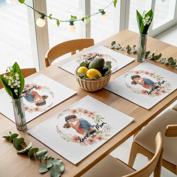 Mother's Day Flower Wreath Placemats Set of 4,Wipeable Washable Table Mats for Dining Tables, Love You Mom Quote Place Mats for Kitchen Event Party Tabletop Decor