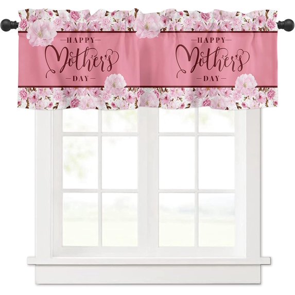 Mother''s Day Flowers Valance Curtains for Kitchen Windows Mother''s Day Spring Pink Floral Blossom Curtain Valances Decor Short Rod Pocket Window Treatment Drapes for Kitchen Bedroom 54x18in