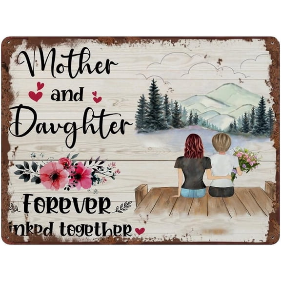 Mother's Day Funny Metal Tin Sign Wall Decor Mother and Daughter Forever Linked Together Premium Family Wall Sign from Daughter 12x16 in