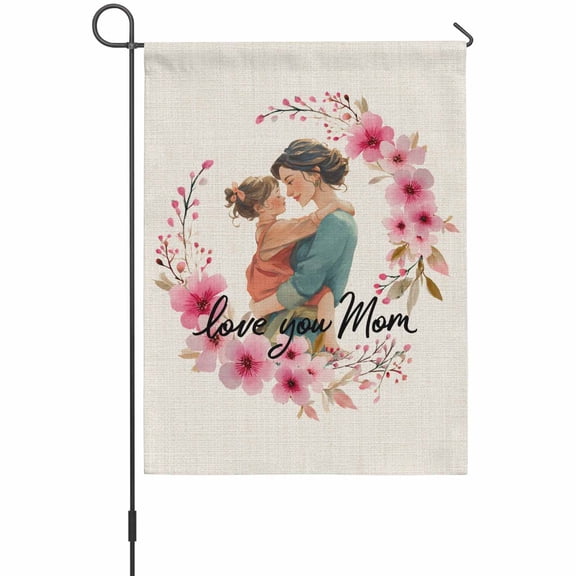 Mother's Day Garden Flag 12 x 18 Inches, Cartoon Characters Pink Flower Vintage Linen Texture Weather Proof Outdoor Patio Flags Double Sided Small Garden Decoration for Yard Outside Home