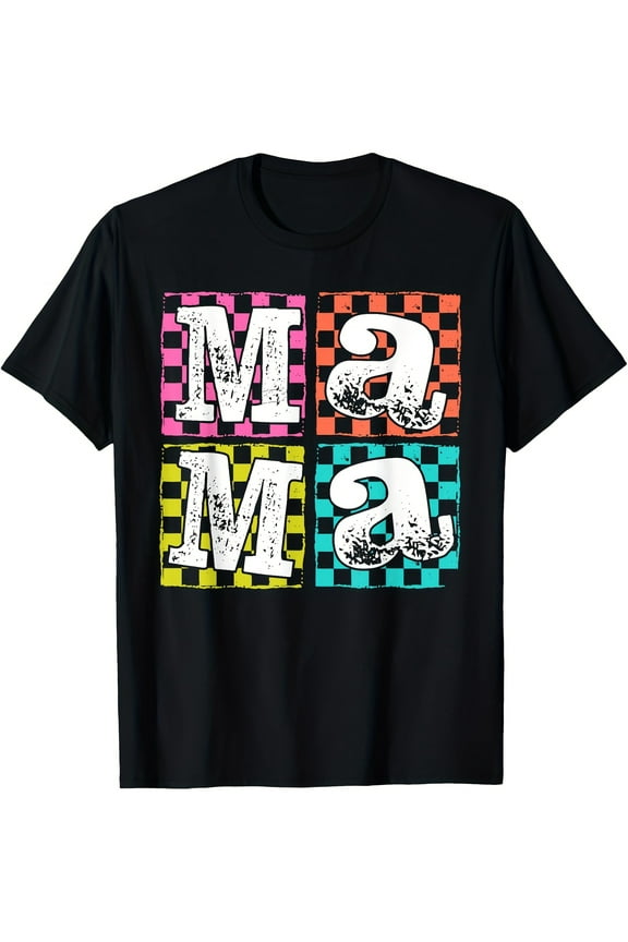 Mother's Day Gift Best Mom Ever Vintage-Inspired T-Shirt - 100% Cotton, Short Sleeve, Crew Neck, Casual Fit - Colorful "MAMA" Letter Print with Checkered Patterns S-3XL