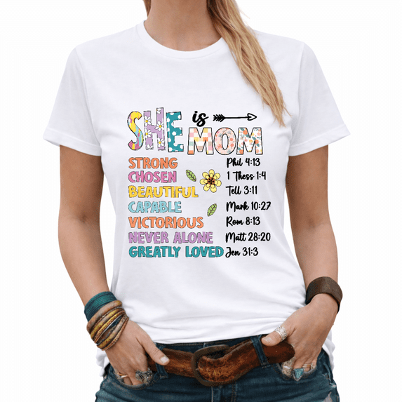 Mother's Day Gift Christian Mom Strong Chosen Beautiful Graphic Tees Womans Tshirt Tops Black/White S-5XL