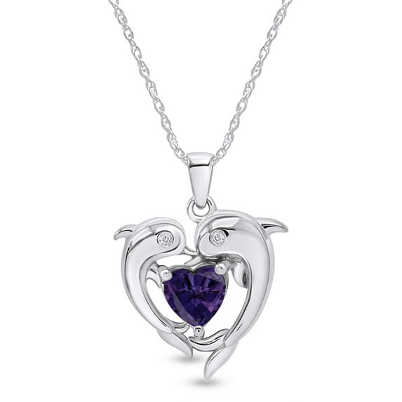 AFFY Mother's Day Gift Heart Simulated Ruby & White Cubic Zirconia Heart Frame Double Dolphin Pendant Necklace In 14k White Gold Over Sterling Silver