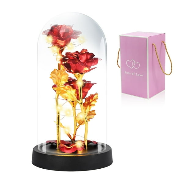 Glass Rose Flower Artificial Rose Flowers in Glass with Led Light for Christmas Mothers Day Wedding Anniversary Birthday Gift