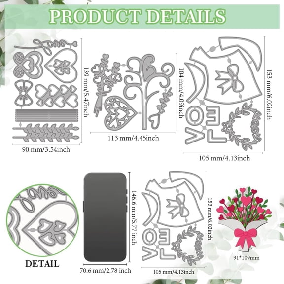 Mother's Day Gift Metal Cutting Dies Heart Bow Bouquet Frame Die Cuts Template Flower Twig Embossing Cutting Stencil for Card Making DIY Scrapbooking Craft Paper Album Decoration