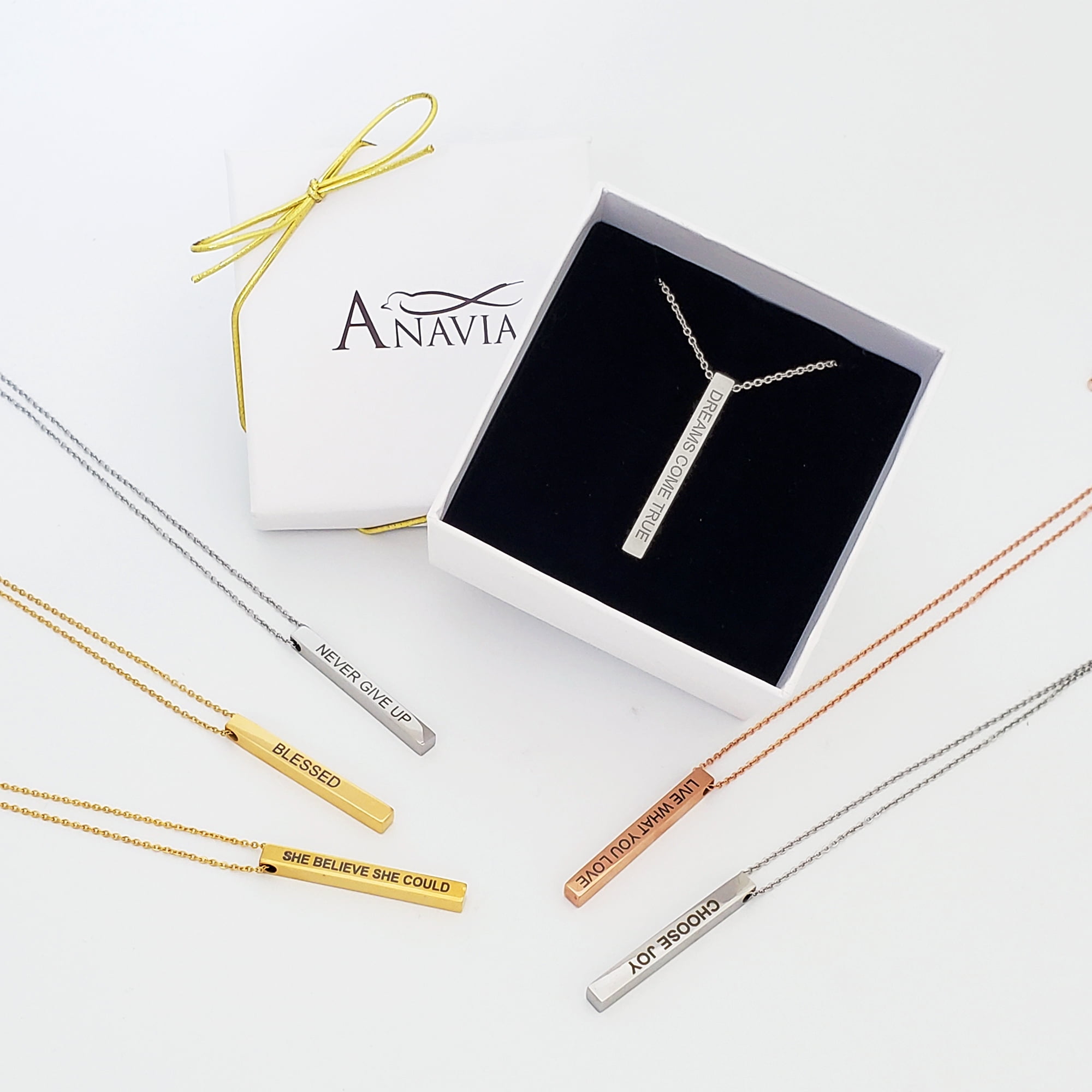 Anavia Stainless Steel 18 Snake Chain with Lobster Clasp 4-Sides Bar Silver Quote Pendant Necklace