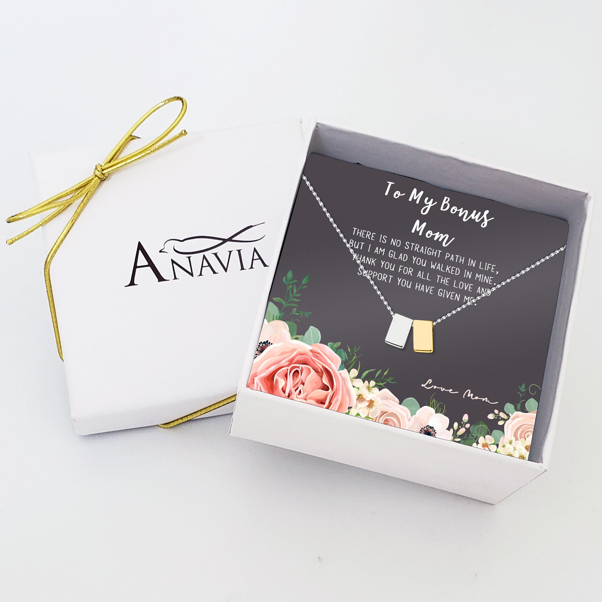 Mother's Day Gift for Mom, Mother's Day Gift for Step Mom, Bonus Mom Mother's Day Gift, Necklace and Card for Mother's Day, Necklace and Card for Step Mom [Silver-Gold, No-Personalized Card]