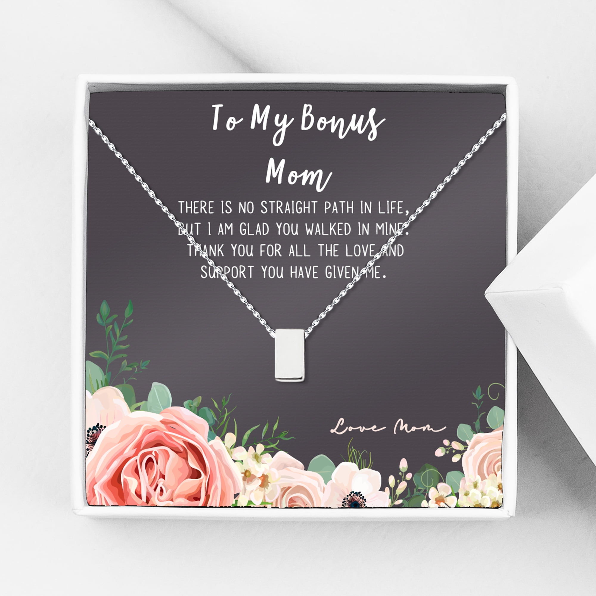Mother's Day Gift for Mom, Mother's Day Gift for Step Mom, Bonus Mom Mother's Day Gift, Necklace and Card for Mother's Day, Necklace and Card for Step Mom [Silver, No-Personalized Card]