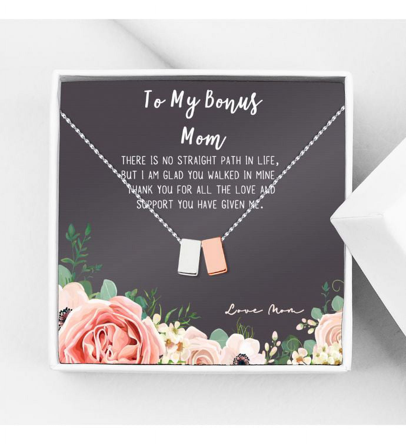 Mother's Day Gift for Mom, Mother's Day Gift for Step Mom, Bonus Mom Mother's Day Gift, Necklace and Card for Mother's Day, Necklace and Card for Step Mom [Silver-Rose Gold, No-Personalized Card]