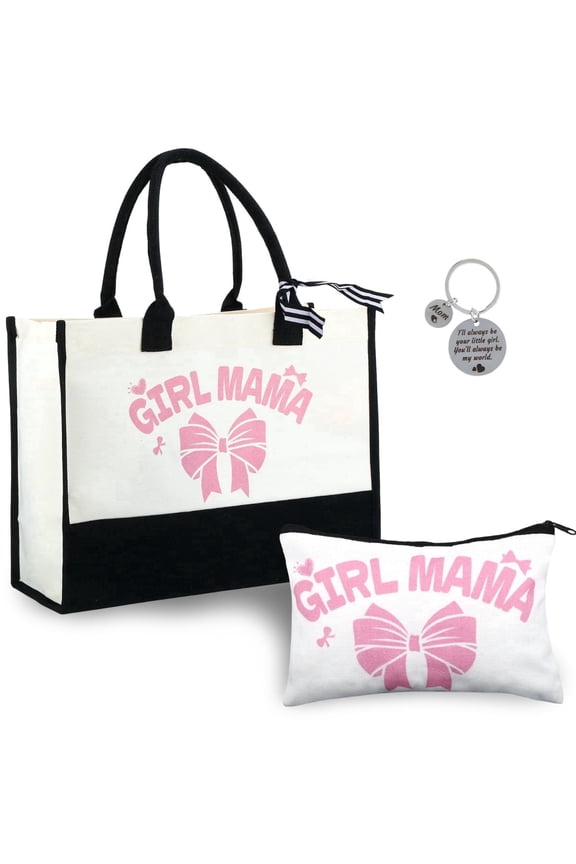 Mother's Day Gift Set for New Mom, 3 Pcs Boy Mama Girl Mama Tote Bag with Makeup Pouch and Keychain, Canvas Mom Gift Basket for Baby Shower Postpartum Gift First Time Mom Present