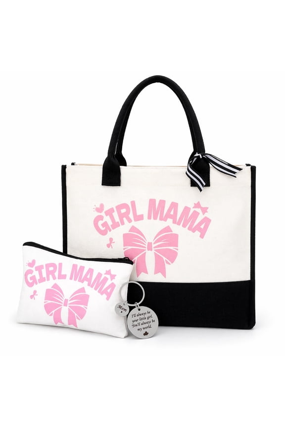 Mother's Day Gift Set for New Mom, 3 Pcs Boy Mama Girl Mama Tote Bag with Makeup Pouch and Keychain, Canvas Mom Gift Basket for Baby Shower Postpartum Gift First Time Mom Present