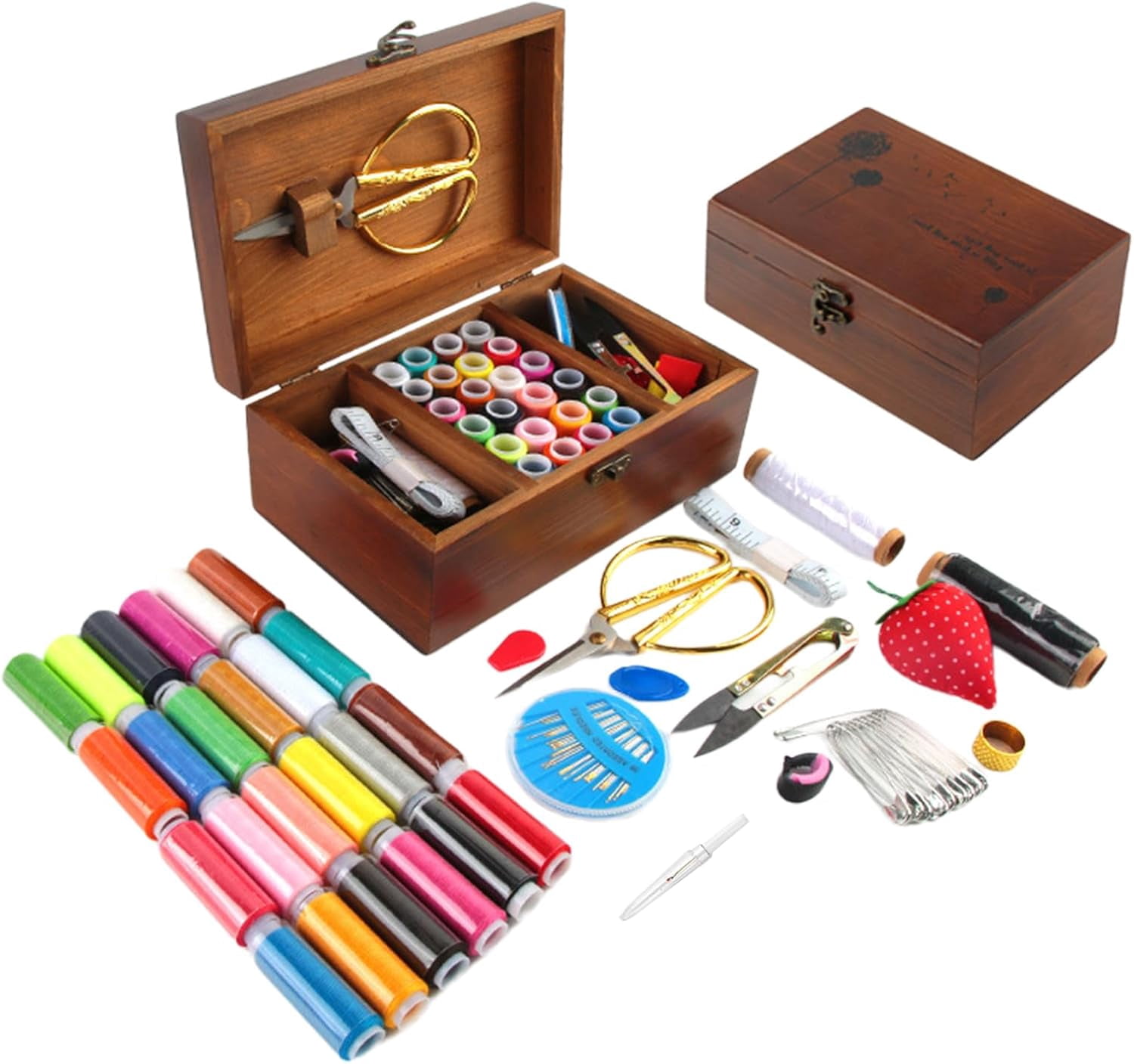 Mother's Day Gift Sewing Kit for Adults Wooden Sewing Box with Thread Scissors Thimble Needle Cushion Seam Ripper Retro Wooden Sewing Basket Sewing Supplies for Beginners