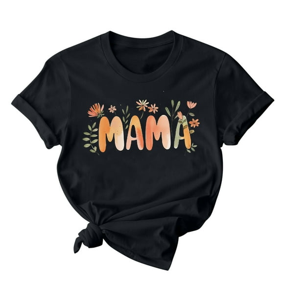Mother's Day Gift Women's Tees Mom Flower Print Short Sleeve Graphic T-Shirt Summer Casual Crew Neck Tops (2XL, Black)