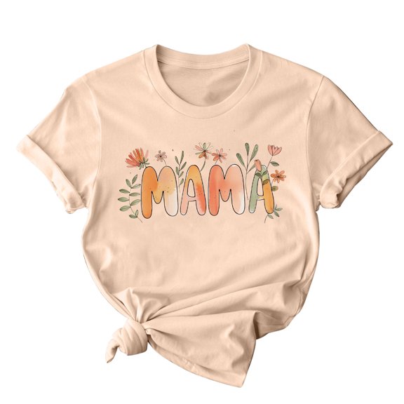 Mother's Day Gift Women's Tees Mom Flower Print Short Sleeve Graphic T-Shirt Summer Casual Crew Neck Tops (L, Khaki)