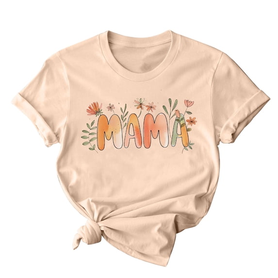 Mother's Day Gift Women's Tees Mom Flower Print Short Sleeve Graphic T-Shirt Summer Casual Crew Neck Tops (L, Khaki)