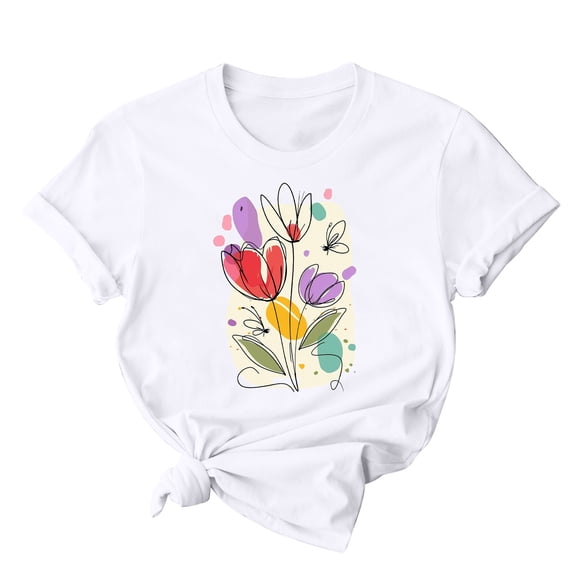 Mother's Day Gift Women's Tees Mom Flower Print Short Sleeve Graphic T-Shirt Summer Casual Crew Neck Tops (S, White 1)