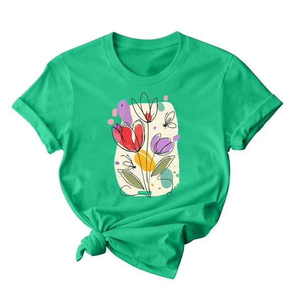 Mother's Day Gift Women's Tees Mom Flower Print Short Sleeve Graphic T-Shirt Summer Casual Crew Neck Tops (XL, Green 1)