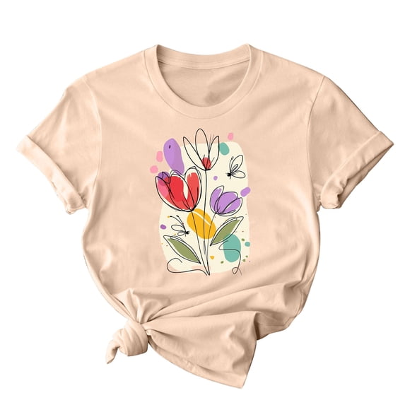 Mother's Day Gift Women's Tees Mom Flower Print Short Sleeve Graphic T-Shirt Summer Casual Crew Neck Tops (XL, Khaki 1)