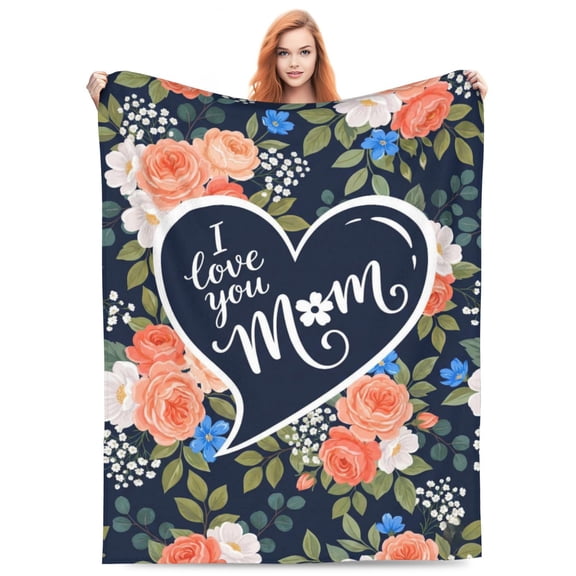 Mother's Day Gift for Mom Blanket, Peach Floral Heart Throw, Cozy Flannel I Love You Decor 50×40