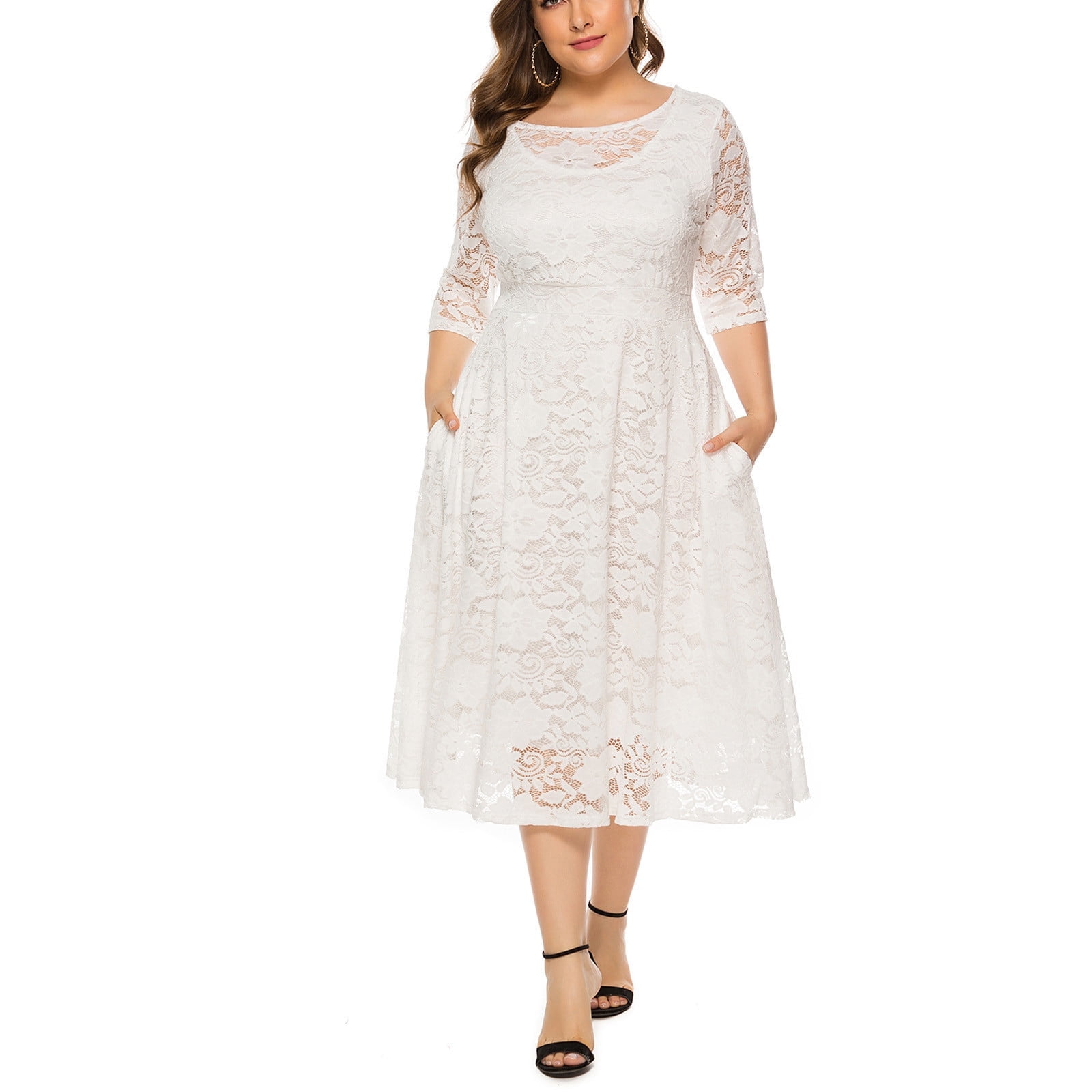white church dresses plus size Monther's Day Gifts POROPL for Woman Hollow Out Lace Long Dress Evening Dress Party Dress Size 18 Pinup Fashion Plus Size White