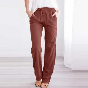 Mother's Day Gifts Under $3,POROPL Casual Cotton Linen Solid Drawstring Elastic Waist Long Straight Pants Palazzo Pants for Women Clearance Wine Size M