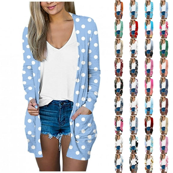 Mother's Day Gifts! BiZtdJrK Lightweight Cardigan for Women Long Sleeve Open Front Sweater Cardigans with Pockets Polka Dot Bolero Outwear Tops Army Green XL