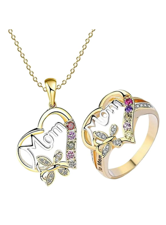 Mother's Day Gifts Jewelry Sets Love Necklace Gift Two Tone Plated MOM Ring Valentine's Day gift
