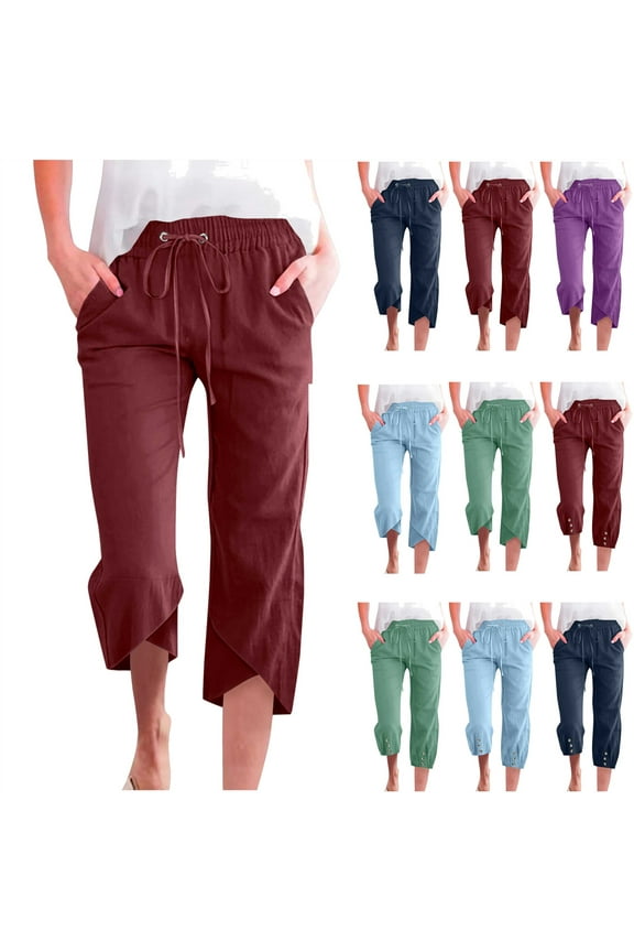 Mother's Day Gifts! QATAINLAV Capri Pants for Women Casual Tulip Hem Straight Leg Linen Cropped Trousers Summer Drawstring Elastic Waist Solid Color Capris Light Blue S