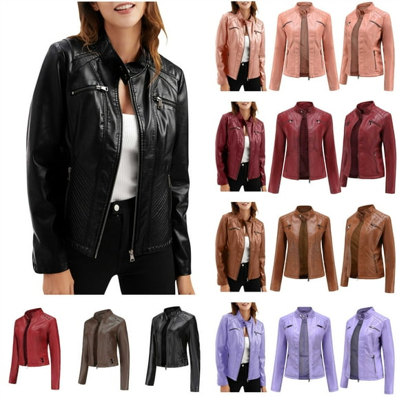 Mother's Day Gifts! QATAINLAV Women's Fall Long Sleeve Leather Jacket Zip Up Stand Collar Slim Fit Motorcycle Jackets Biker Outwear Pink XL