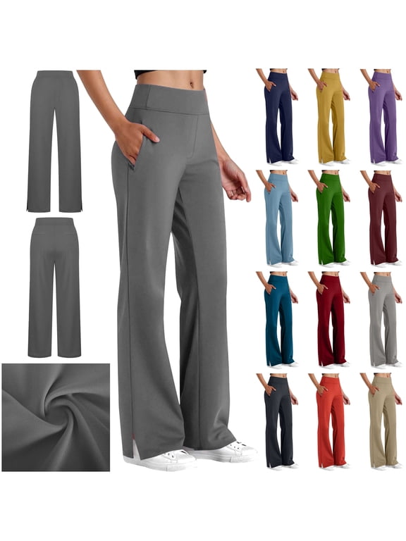 Purple Yoga Pants Women High Waist Stretch Wide Leg Dress Pants with Pockets Solid Casual Side Slits Workout Sweatpants L